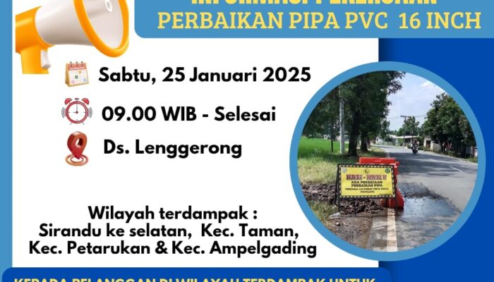 Perbaikan Pipa, Wilayah Terdampak Diimbau Mempersiapkan Air Bersih 