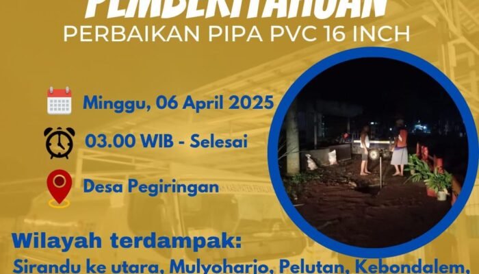 PDAM Tirta Mulia Lakukan Perbaikan Pipa Utama di Pegiringan, Layanan Air Sementara Terganggu