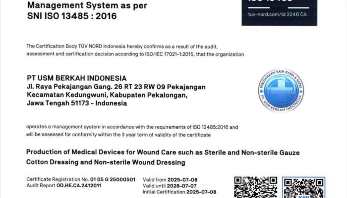 PT USM Berkah Indonesia Raih Sertifikasi ISO 13485:2016 sebagai Produsen Kasa Pertama di Indonesia