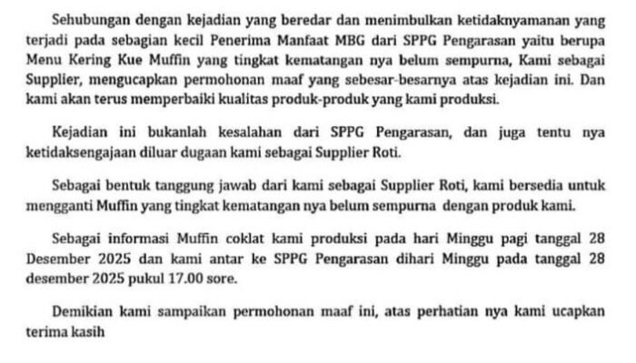 MBG!! SPPG Pengarasan Terima Surat Permohonan Maaf dari Supplier roti yang Bermasalah