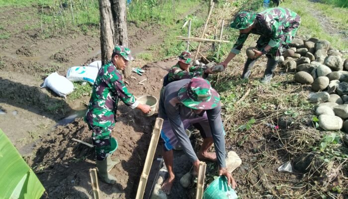Cegah Longsor, TNI dan Warga Surajaya Kompak Bangun Talud Desa