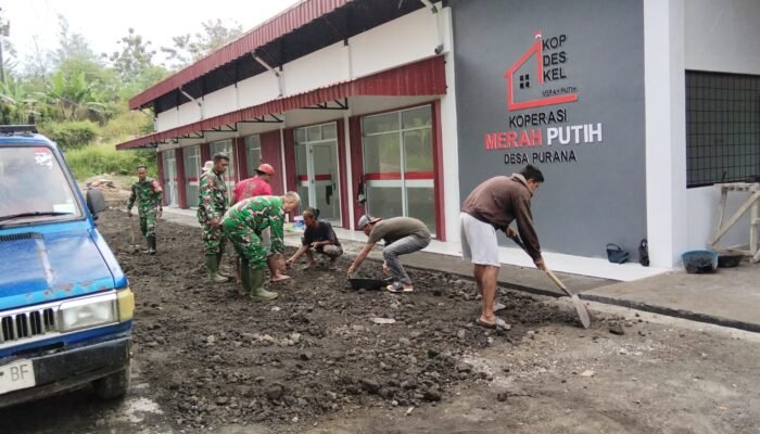 Perkuat Sinergi, Babinsa dan Warga Purana Kompak Benahi Halaman Koperasi Desa